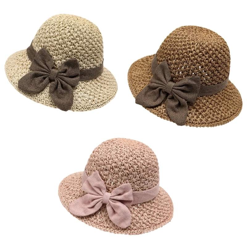 Braided Straw Travel Hat for Women Wide Brimmed Bowknot Accent Foldable Warm Weather Sunhat with Garden Outdoor Use Y166