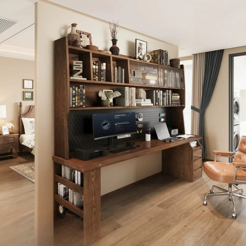 Solid wood desk bookshelf integrated table household children's study table medieval simple long computer table student