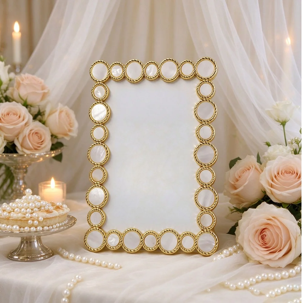 Golden Metal Picture Frame Accented with Round Natural Shell for Timeless For Home Styling Options 6 inch and 7 inch