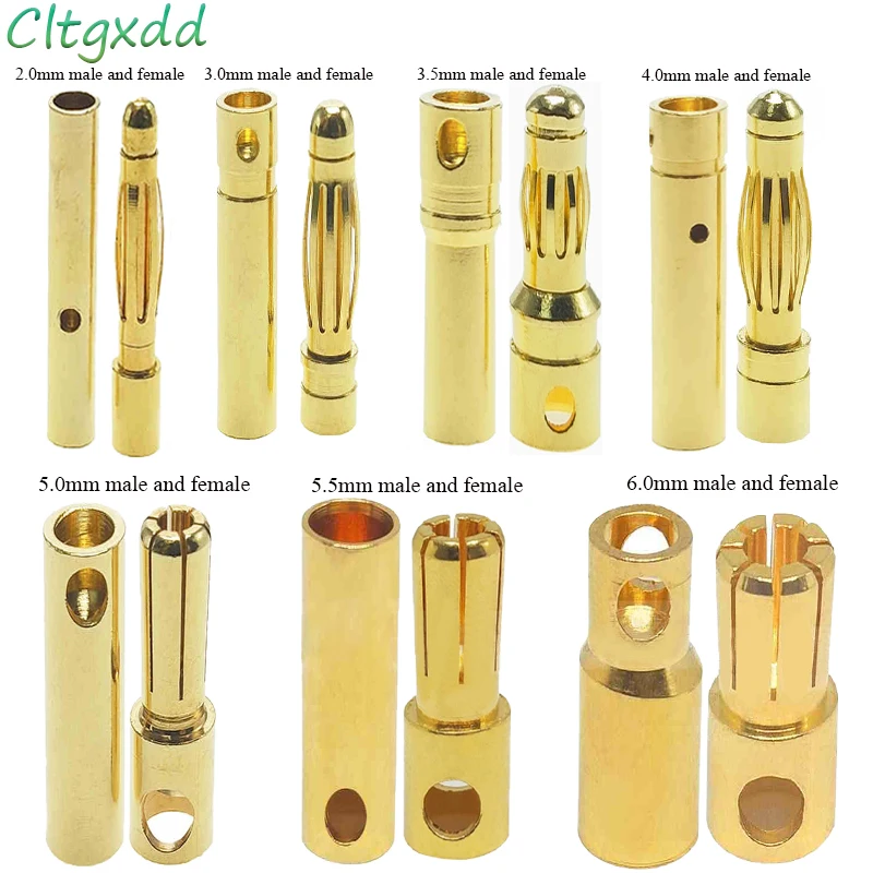 10pcs 2mm 3mm 3.5mm 4mm 5mm 5.5mm 6mm Banana Plug Gold Plated Copper Brushless Motor Bullet Connector For ESC Battery Wholeale