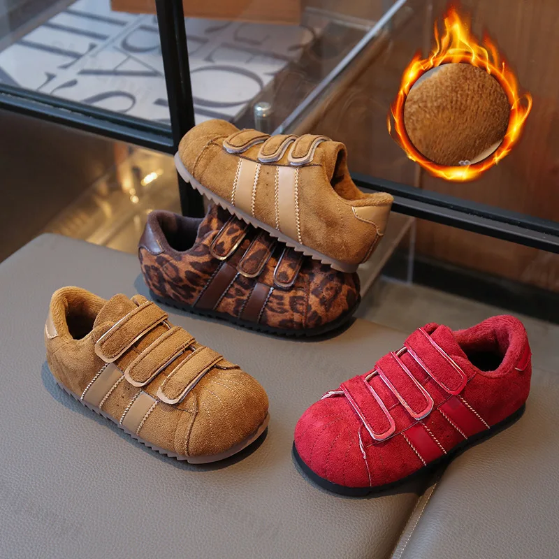 

Children's Vintage Leopard Low Top Casual Cotton Single Shoes 2025 Winter Boys Fashion Versatile Warm Comfortable Plush Sneakers