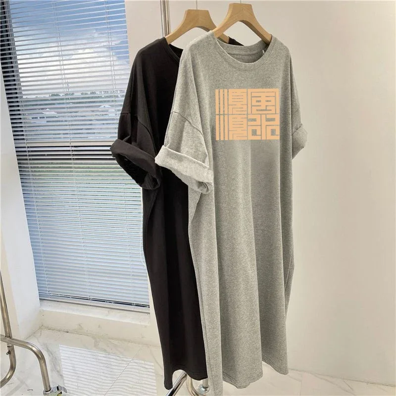 Women Clothing Chic Y2k Printed Dress Summer New Fashion Casual Loose Simple Comfortable Dresses Short Sleeve O-neck Tunic