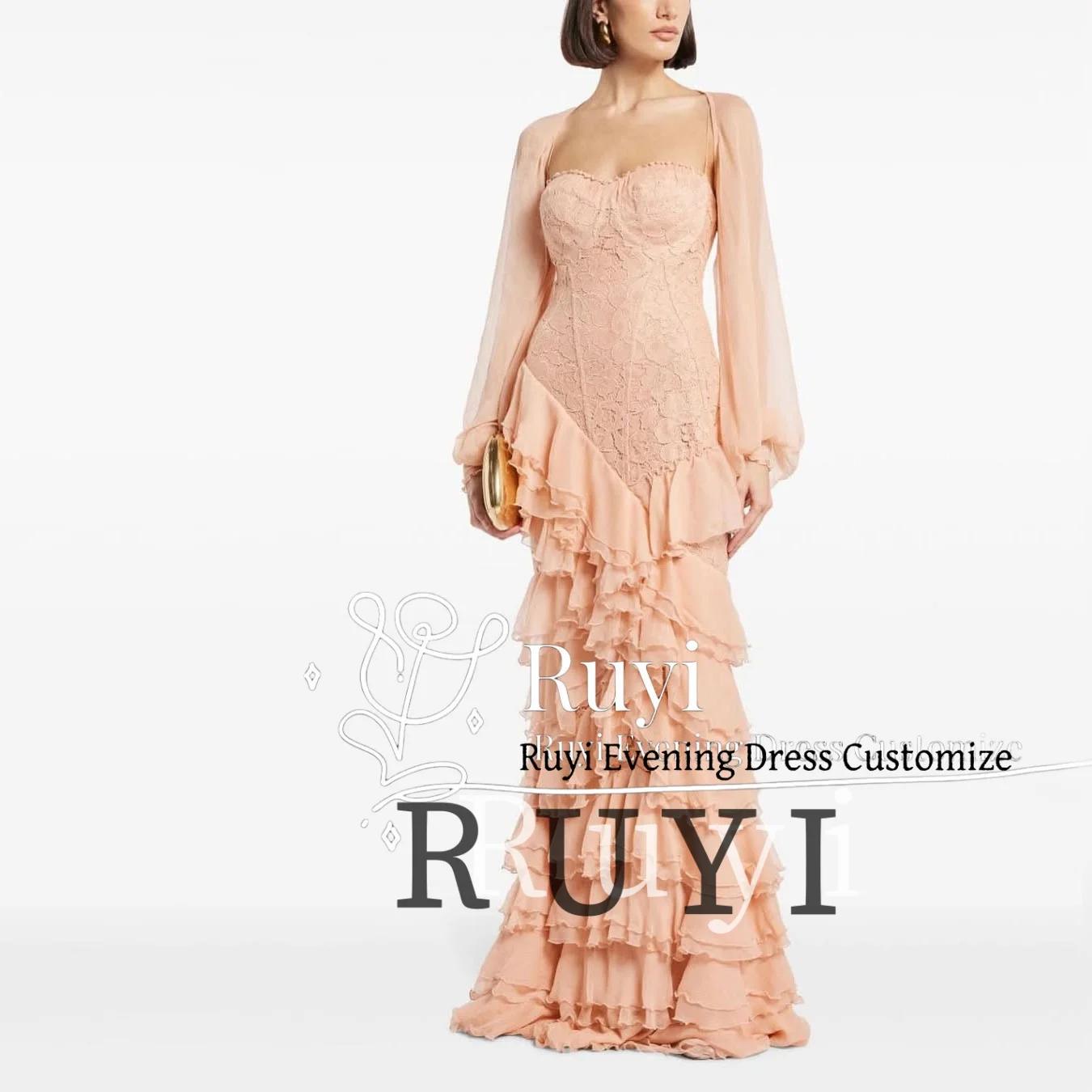 Abiti da ballo in pizzo con scollo a cuore personalizzati Abiti da sera in chiffon con maniche lunghe a sbuffo per occasioni formali con volant a strati