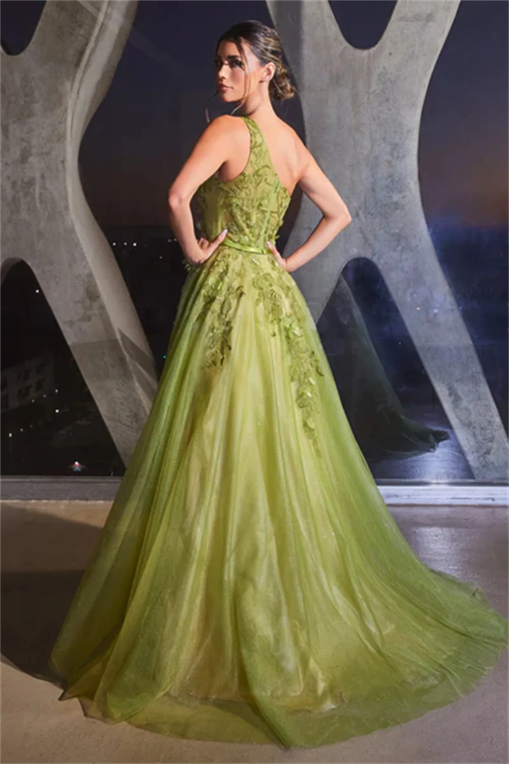 Bella Green One Shoulder Prom Dresses Tulle Floor-length فساتين سهرة Elegant Sleeveless A-line Shiny Vestidos De Fiesta 2024