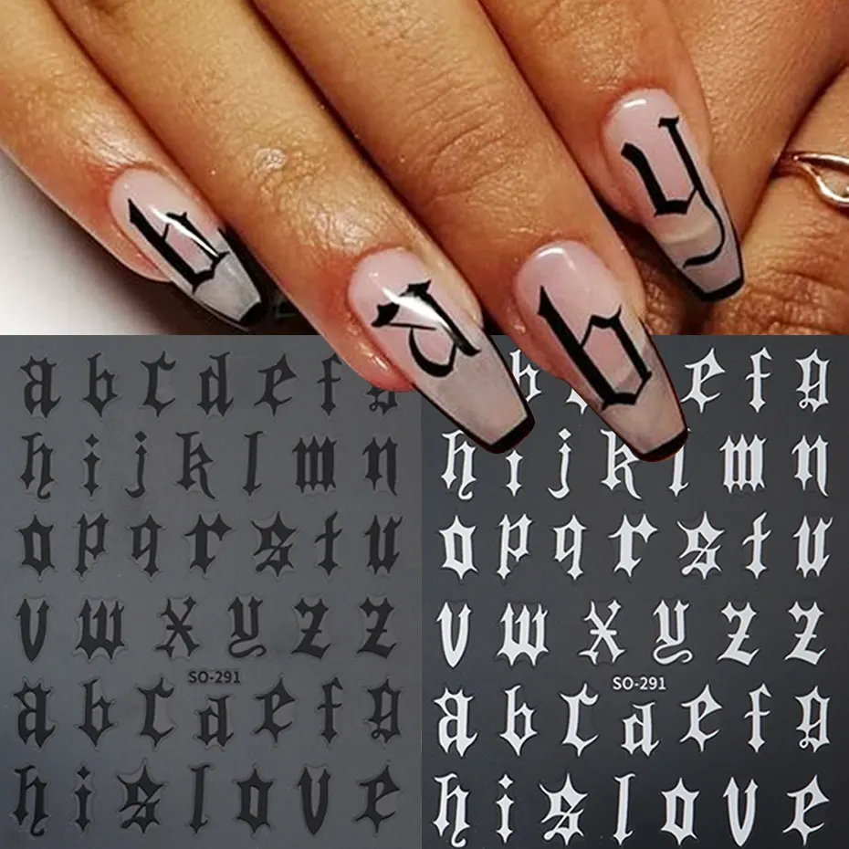 2/4 pçs gótico preto branco inglês carta arte do prego adesivos punk alfabeto romano encantos folhas y2k metálico manicure decoração