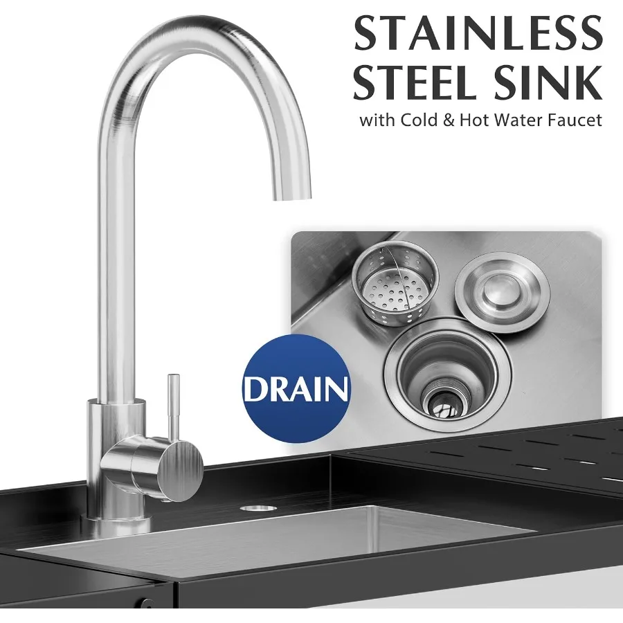 55 Inch Freestanding Kitchen Utility Sink with Stainless Steel Single Bowl Foldable Countertop and Cold Hot Water Faucet for Fa