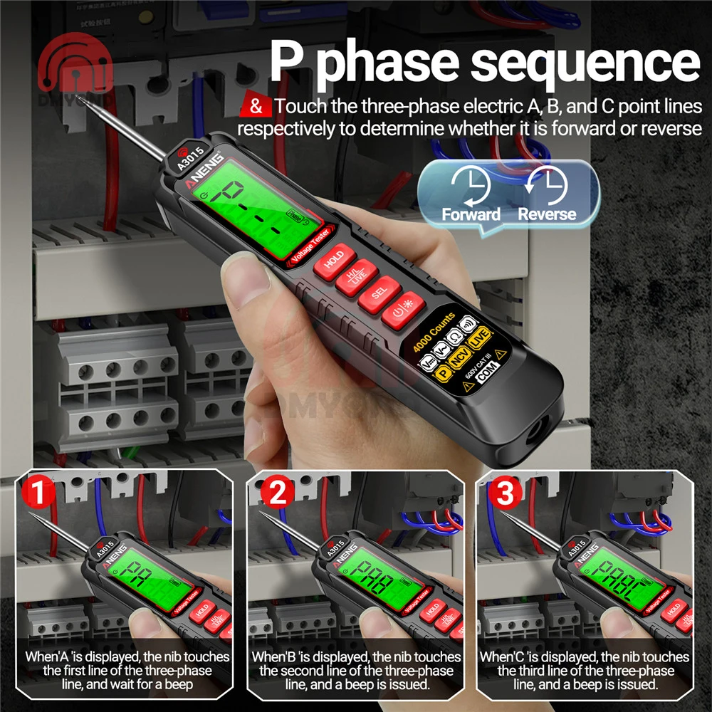 Smart Pen Multimeter 4000 Counts Digital Car AC/DC Voltage P Phase Sequence Detector Pen With Backlight Car Probe Tool Test Pen