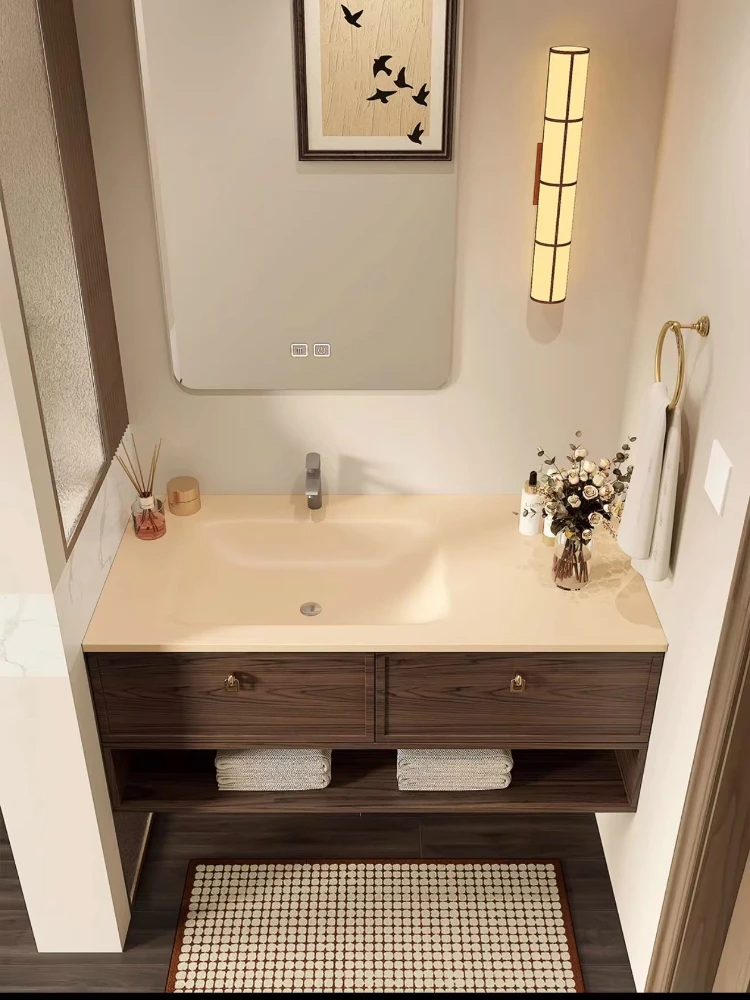 

Тумба для ванной в средневековом стиле, интегрированная раковина из каменной плиты с горячей гибкой, тумба для ванной из орехового дерева с раковиной.