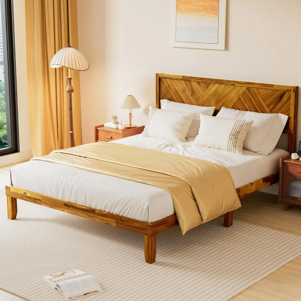 إطار سرير كوين من الخشب من TOLEAD مع لوح رأسي، إطار سرير بمنصة خشبية مقاس كوين، إطار سرير من خشب السنط الصلب مع Wo #3