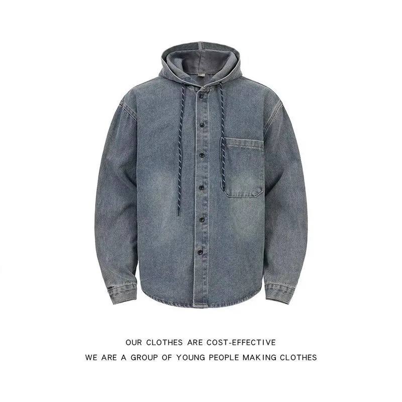 

Trendy Blue Denim Workwear irt Men's Spring 2025 Loose Fit Hooded Jaet Casual Haome Chinese Cotton Long Sve irt