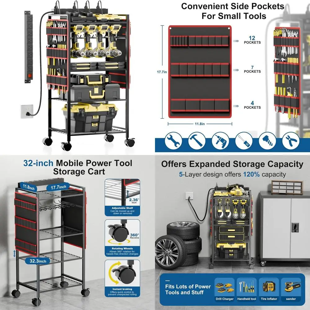 

5-уровневая тележка-органайзер для электроинструментов с зарядной станцией — 8 розеток переменного тока, сверхмощная универсальная стойка 300 фунтов, держатель для вращающихся сверл и T