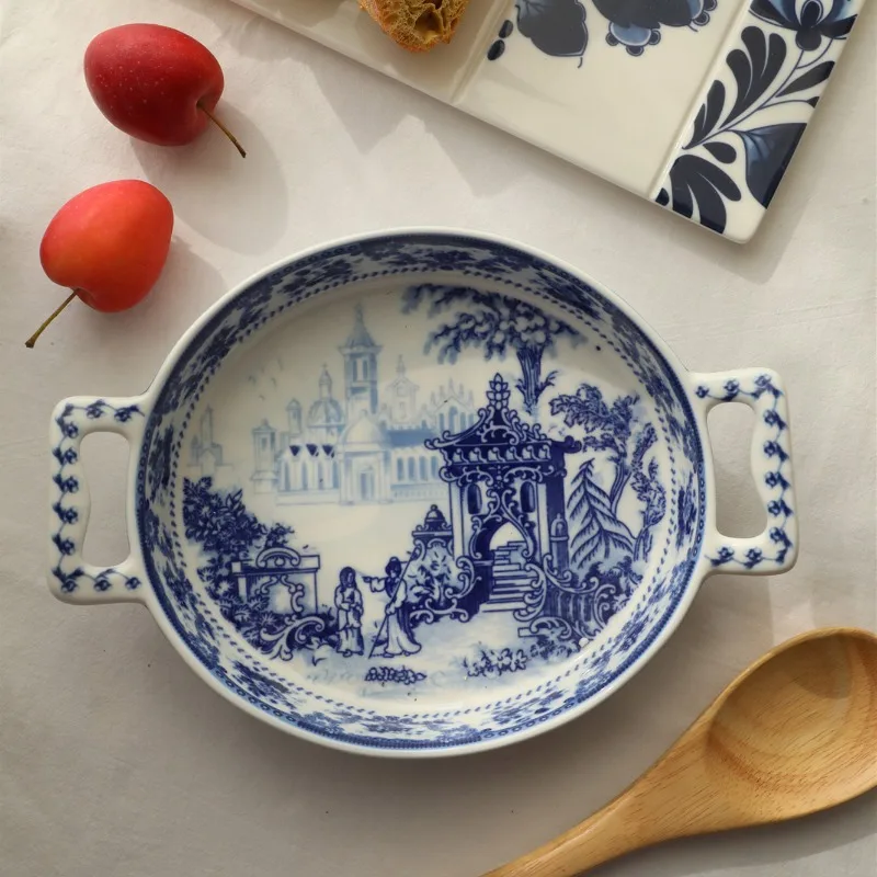 Patrón de castillo de bandeja para hornear de cerámica de ánfora casera vintage de porcelana azul y blanca rusa