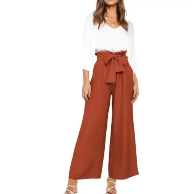 

CPSYMYM Women Fashion 2025 Spring and Summer Latest Hot Women's V-Neck Long Sleeved Top+High Waisted Bow Tie Tied Wide Leg Pant
