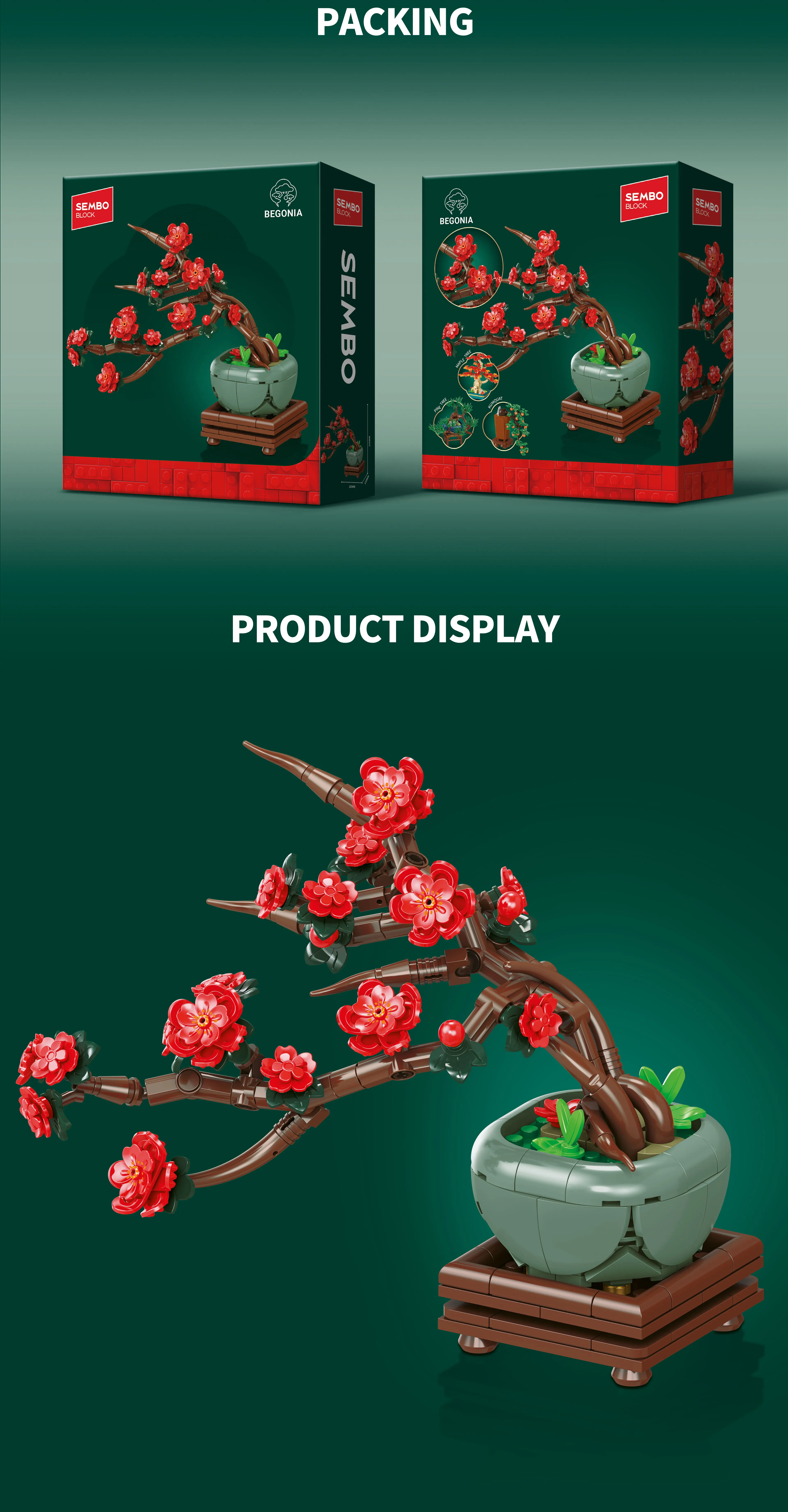 SEMBO Ewige Blumen-Bonsai-Bäume, Bausteine, MOC, Ahorn, Kumquat, Begonie, Kiefer, Topfpflanzen, Modellspielzeug, Heimdekoration, Weihnachtsgeschenk – Detail 6