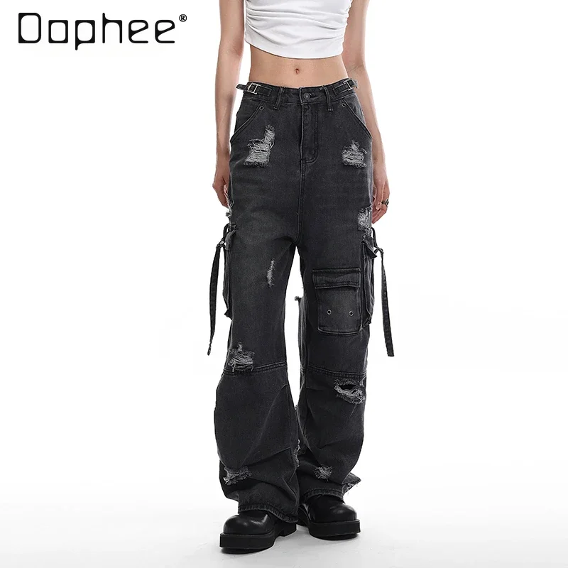 

American Retro Ripped Cargo Pants Loose Multi Pocket High Waist Straight Pants High Street Wide Leg Jeans Baggy Trousers