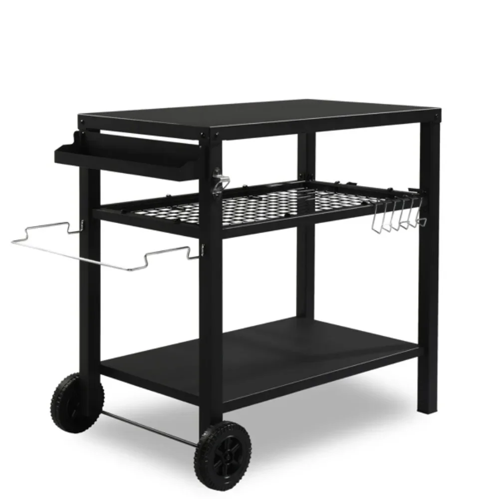 

Outdoor Grill Cart Three-Shelf Grill Table, Movable BBQ Trolley Food Prep Cart with Two Wheels & Hooks, Black BBQ Grills Cart