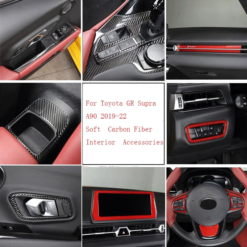 

For 2019-2022 Toyota Supra GR Supra A90 Red Soft Carbon Fiber Car Center Control Shift Panel Frame Sticker Interior Accessories