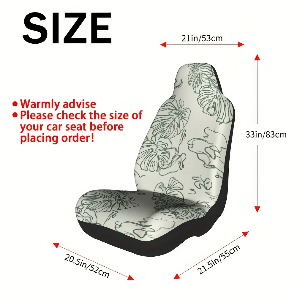 2pcs Monstera Leaf Line Art Car Seat Covers - Modern Minimalist Front Seat Covers With Green & Leaf Pattern, Fit For Drivers & P