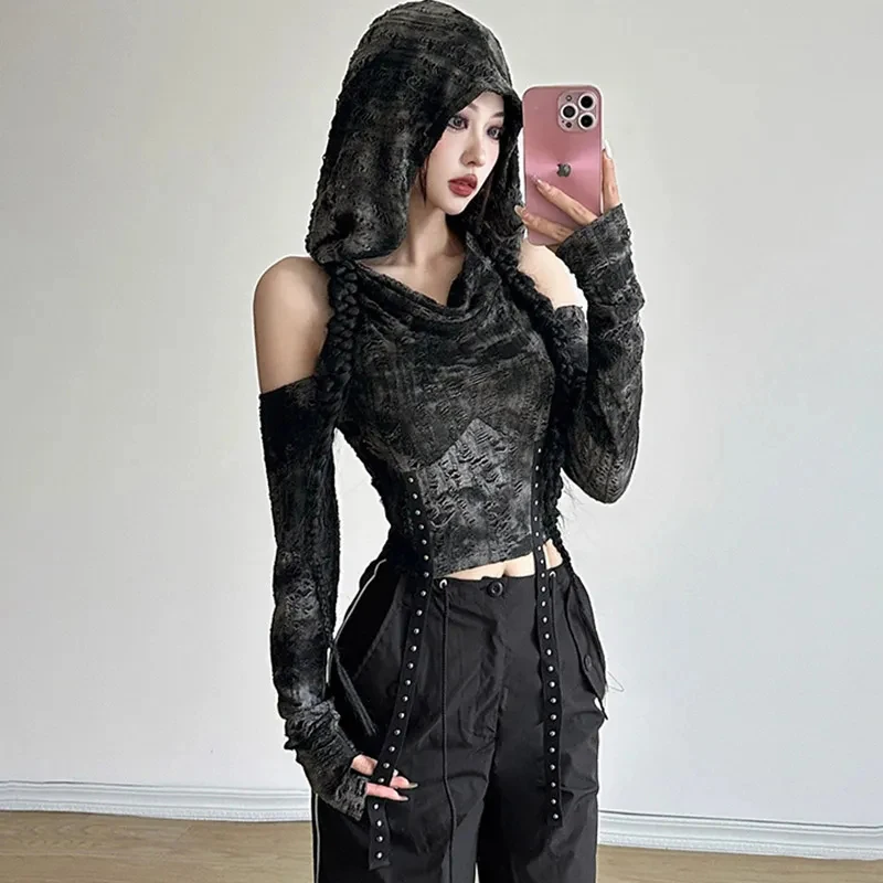 Sexy Off Shoulder Hoodies Sweatshirts Women Harajuku Gothic Black Long Sleeved Pullover Y2K Jazz Dance Skinny Cropped Tops