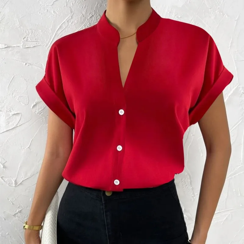 Summer Minimalist Women's V-neck Shirt 2024 Elegant Women's Satin Red Short Sleeved Single Breasted