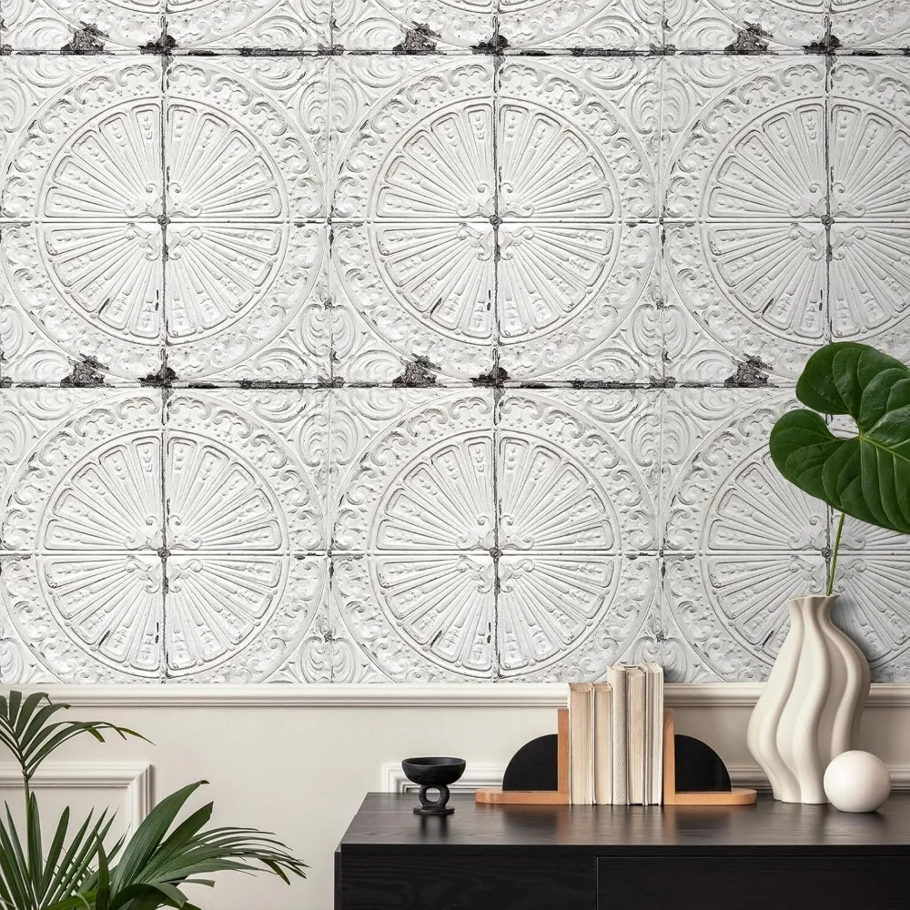 ورق جدران عتيق قابل للتقشير واللصق، 17.5 × 591 ورق حائط عتيق باللون الأبيض المتعثر، ذاتي اللصق، بلاط مربع للمنزل