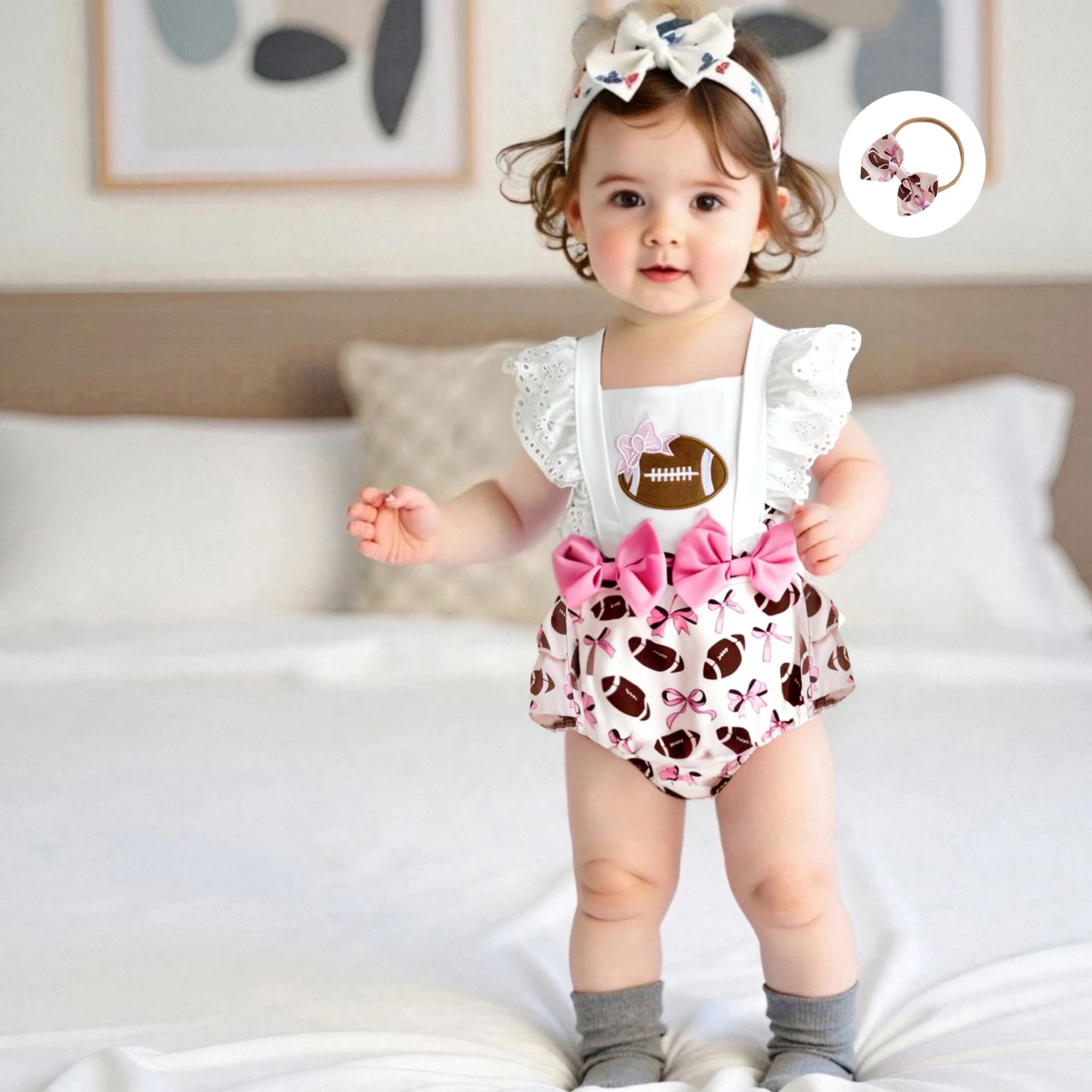 

Toddler Infant Baby Girls Summer Romper Fly Sleeve Ruffle Rugby Embroidery Jumpsuit with Headband Newborn Clothes