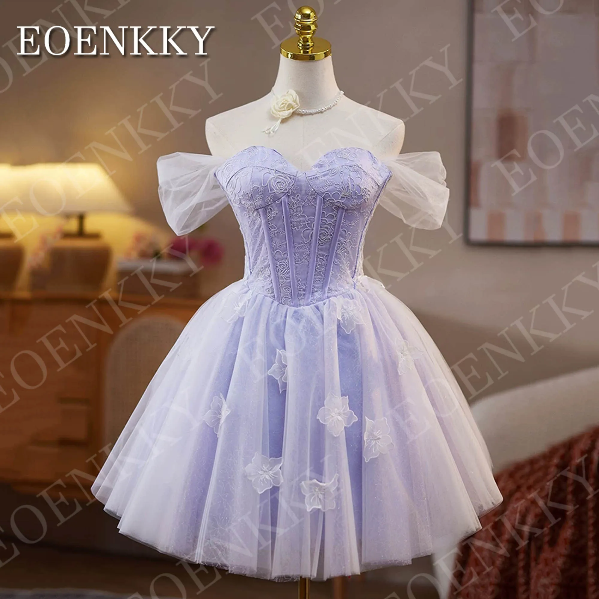 

EOENKKY Short Prom Dresses Elegant Evening Party Cute Off Shoulder Lace A Line Tulle Mini Homecoming Dress Customized 이브닝드레스