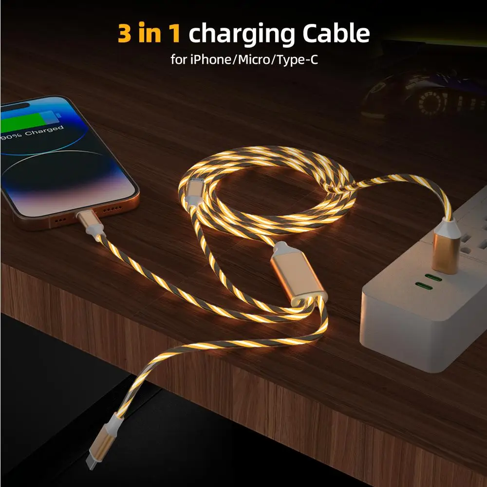 كابل شحن الهاتف 3 في 1 متعدد USB متدفق LED، مع واجهة لموصل شاحن USB Apple + Type C + Micro #6