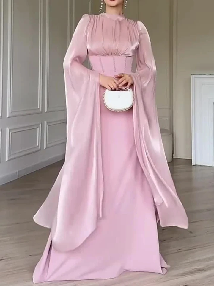 

Sexy O-neck Split Sleeve Satin Slim Robes Elegant Pleated High Waist Solid Evening Dress Temperament Bandage Wrap Hips Dresses