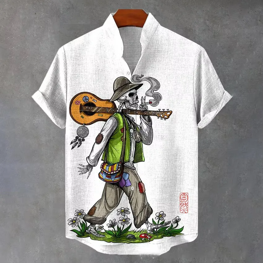 New short-sleeved shirt 3D print casual loose pullover with buttoned to wear outside