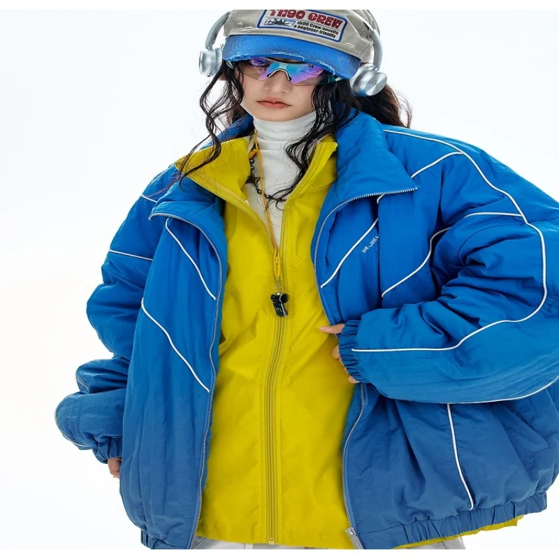 

Зимняя куртка в синюю полоску с воротником-стойкой, мужская хлопковая куртка и свободная теплая хлопковая куртка большого размера.