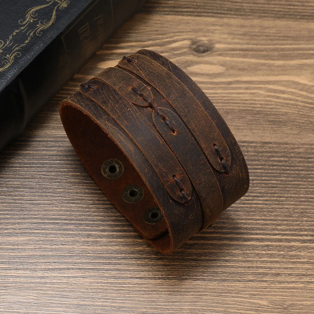 Vintage Leather Bracelet Men Punk-style Leather Wide Bracelet Simple Personality Men\'s Multi-layer Jewelry Bracelet Charm Retro