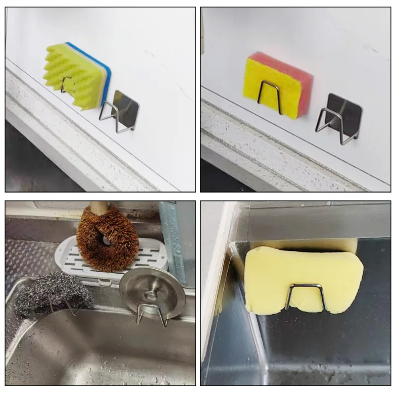 20/1x Stainless Steel Kitchen Sponge Holder Wall-Mounted Scrubber Racks with Strong Adhesive Multi-Functional Draining Hooks