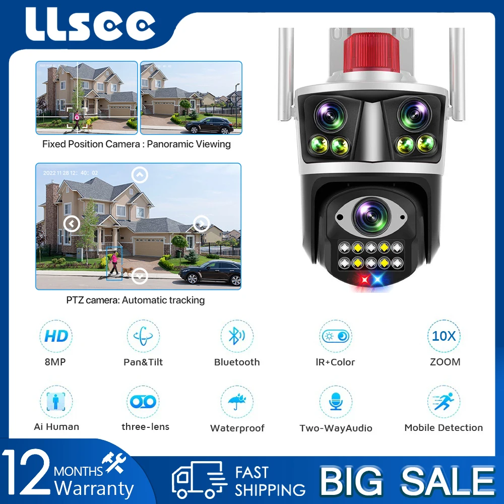 

LLSEE 12MP 6K 10X Three lens WiFi waterproof cctv wireless outdoor 2.4G&5G 360,monitoring alarm night vision action tracking ptz