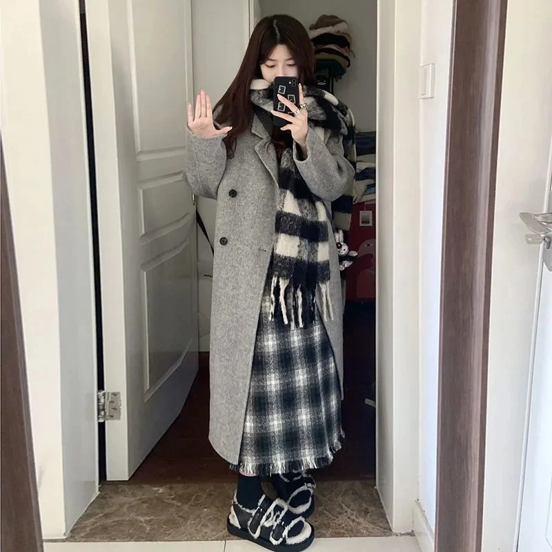 100% Wool Coat Lapel Overcoat Women Wool Blend Double Breasted Long Sleeve Shoulder Pad Coat 2024 Autumn Female Outwear