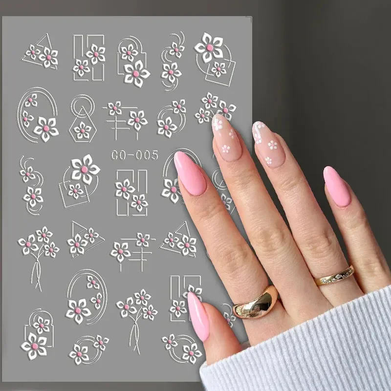 Autocollants 3D en relief pour ongles, fleur blanche, décalcomanies pour nail art, décalcomanies adhésives