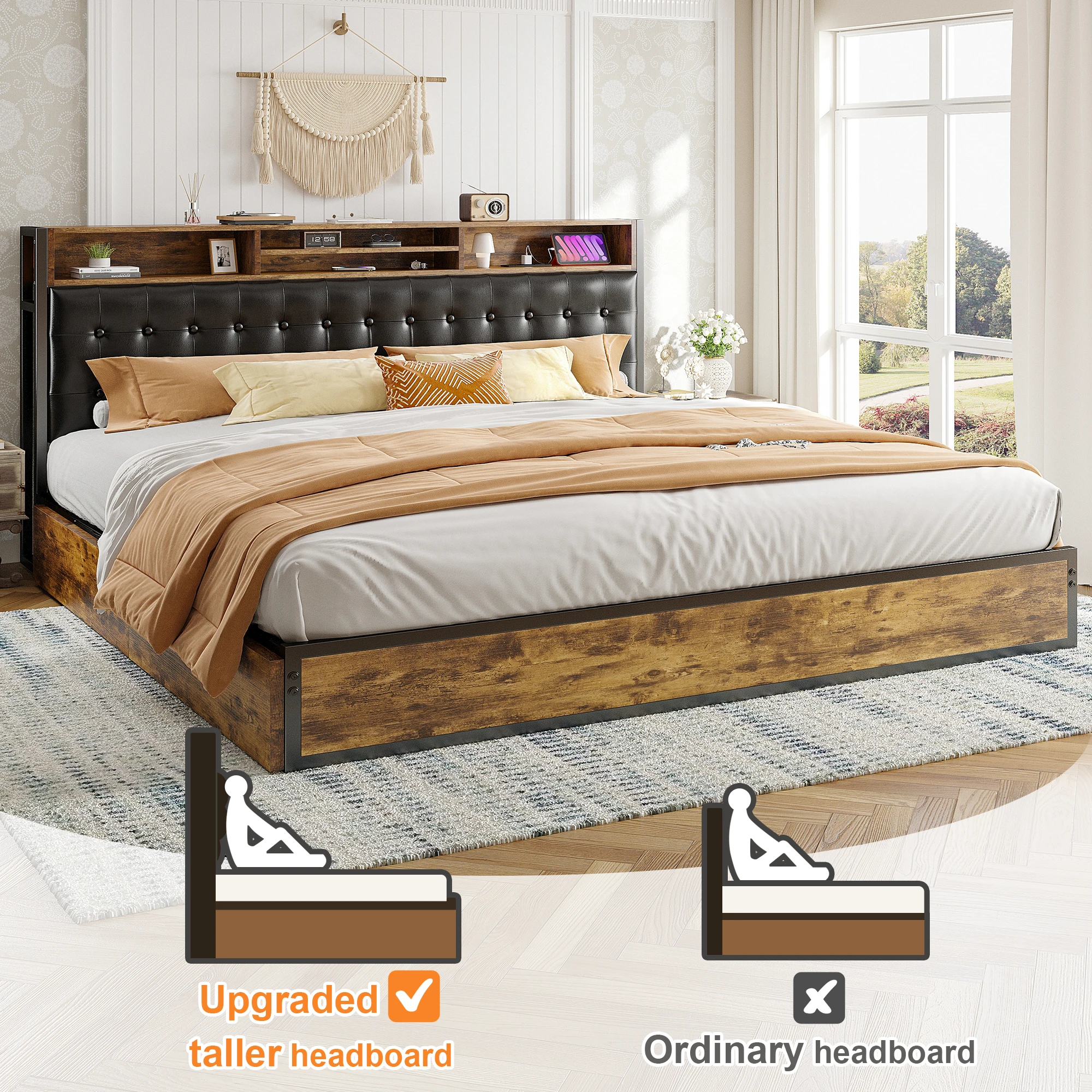 EnHomee Metal Bed Frame with 4 Storage Drawers & Charging Station Headboard Upholstered Platform Bed Frame with Upholstered Headboard No Noise image 3