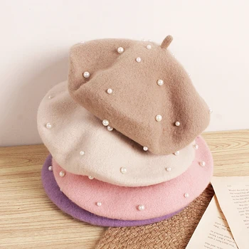 Wol Kindermuts voor Meisjes Retro Baby Baret Hoeden met Parels Herfst Winter Kindermuts voor Kinderen Accessoires 2-6Y