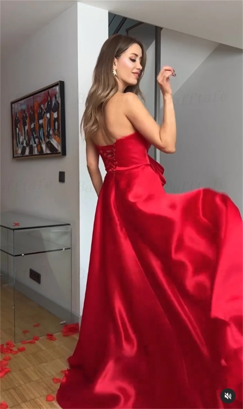 Bafftafe Red A Line Women Party Dresses Front Bow Prom Evening Gowns Corset Back Slit Customized Formal Wedding Bridesmaid Gown