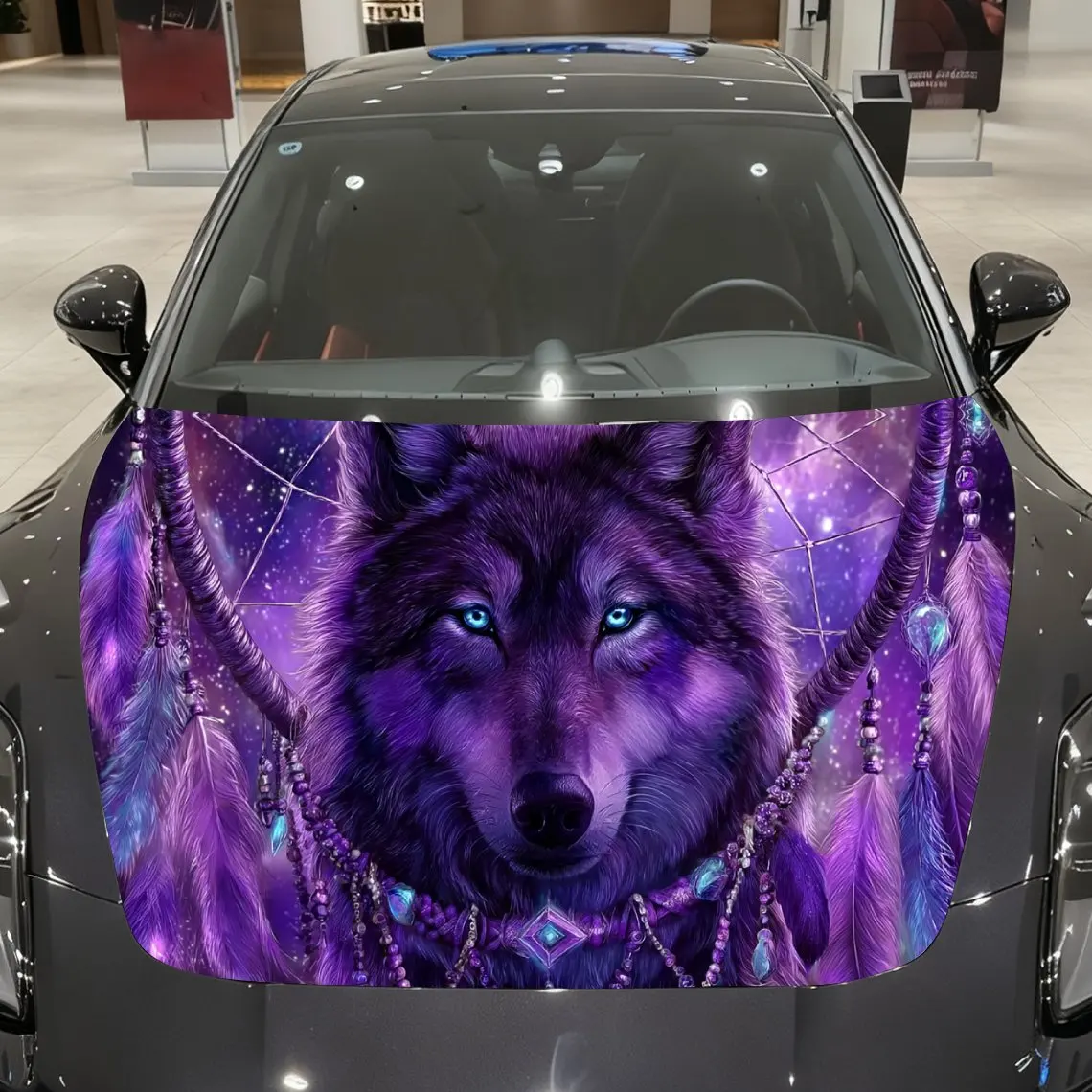 

Psychedelic Purple Wolf Dreamcatching Journey Car Vinyl Wrap, PVC Material Waterproof Car Hood Sticker, Self-Adhesive Scratch-Re