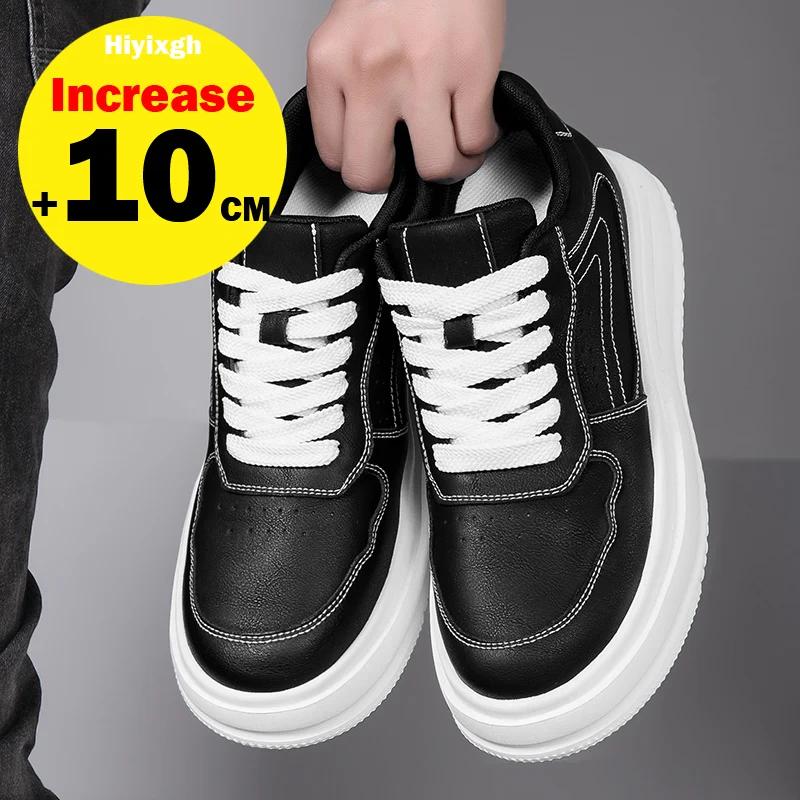 New Men's PU Leather Sneakers Elevator Shoes Invisible Breathable Lace-up Heightening Shoes 8/10cm Men's Casual Fashion Sneakers