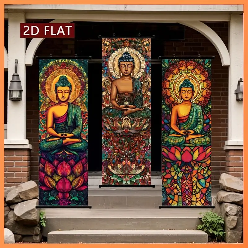 VIKAMA Spiritual Meditation Buddha Scroll Tapestry Vibrant Stained Glass Mandala Lotus Vertical Wall Hanging Decor