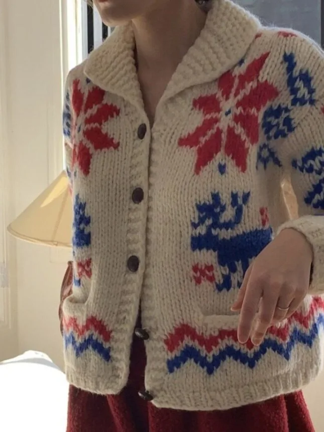Thickened Christmas Color Block Women's Knitted Sweater Coat Winter Warm Casual Style Button up Autumn Winter Fashion