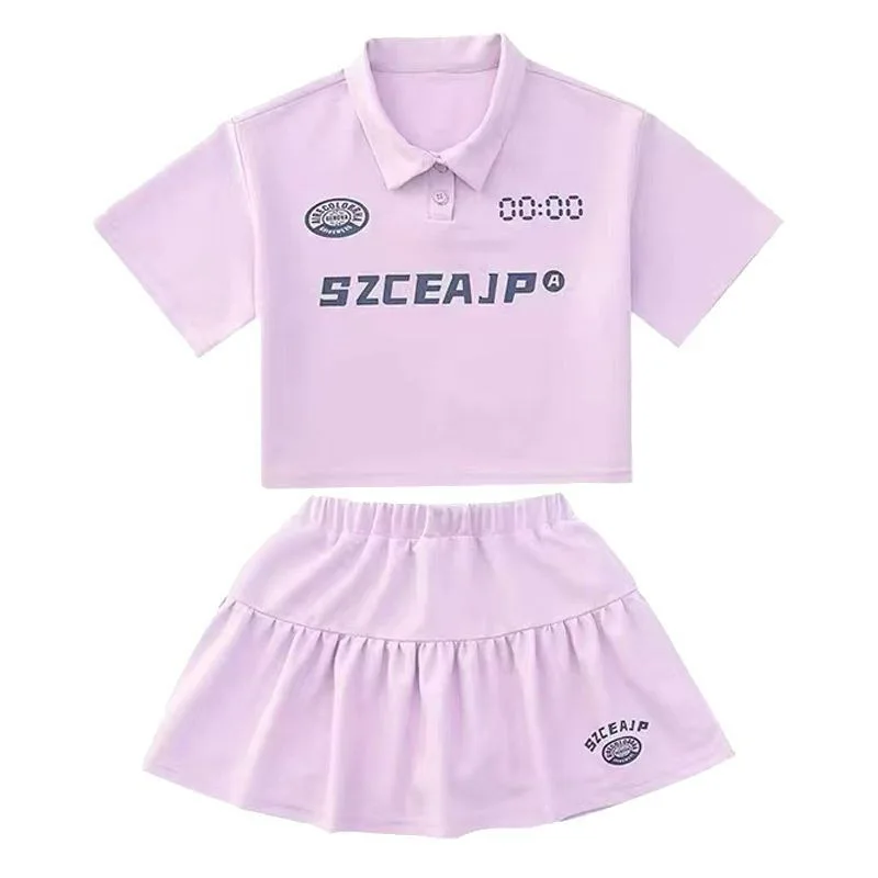 Girls Teenagers Clothing Summer Polo Shirt Set, Simple and Fashionable Lapel T-shirt +splicing Skirt Two-piece Set for Home Wear