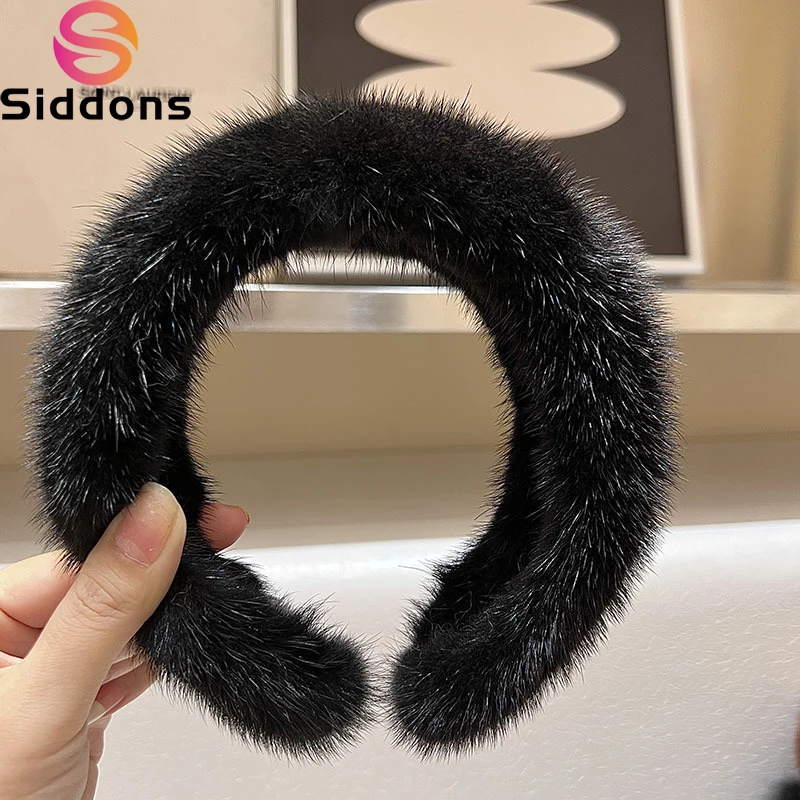 

New Winter Real Mink Fur Headband For Women Hair Accessories Solid Head Wraps Warm Furry Gift