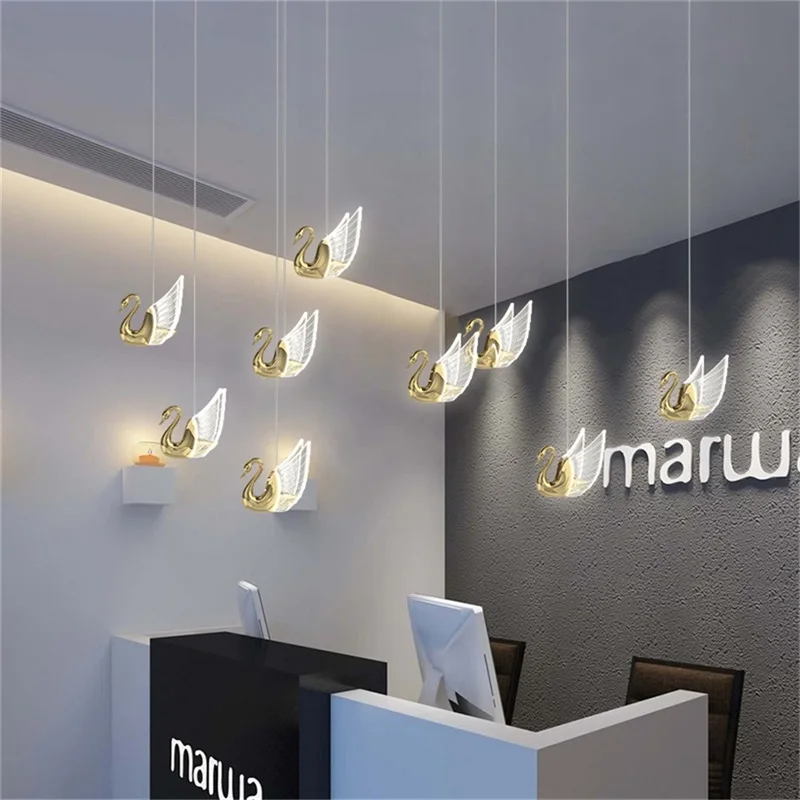 BERTH Nordic Creative Swan Pendant Light Stairs Chandelier Hanging Contemporary Fixtures for Home Dining Room