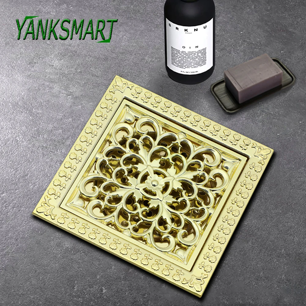 YANKSMART-Dreno De Chão Do Banheiro De Luxo, Filtro De Resíduos Polido Quadrado, Banheira De Chuveiro, Dourado, 12x12 cm