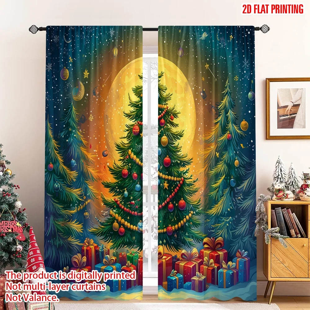 

2pcs 2D flat printing Merry Christmas Popular Party Window Curtains Christmas Tree Gifts Snow_a Fabric Without Electricity