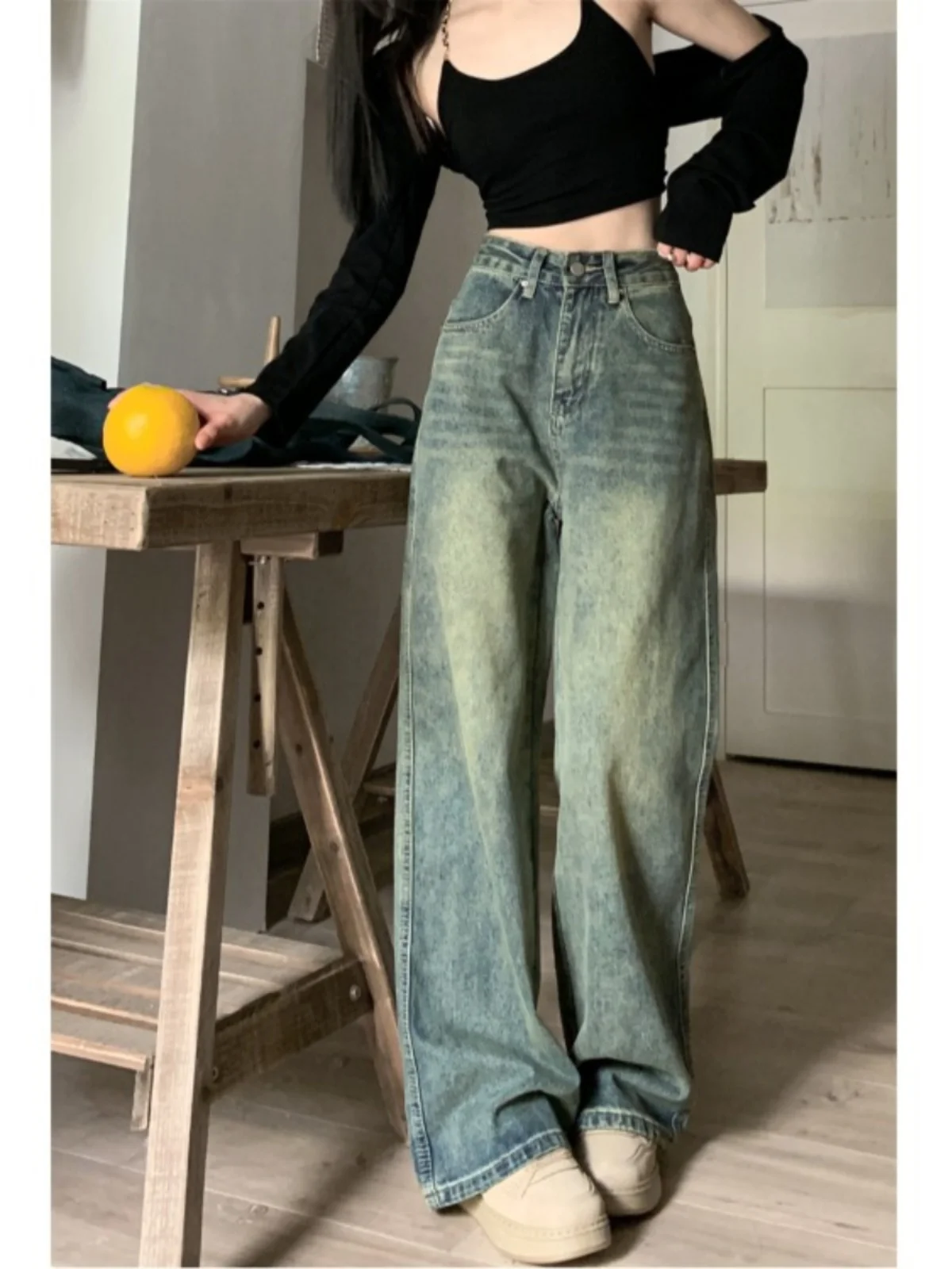 

Американские винтажные джинсы из денима для женщин: ранняя весна, маленький размер, высокая талия, прямые, свободные, широкие штанины, длинные брюки