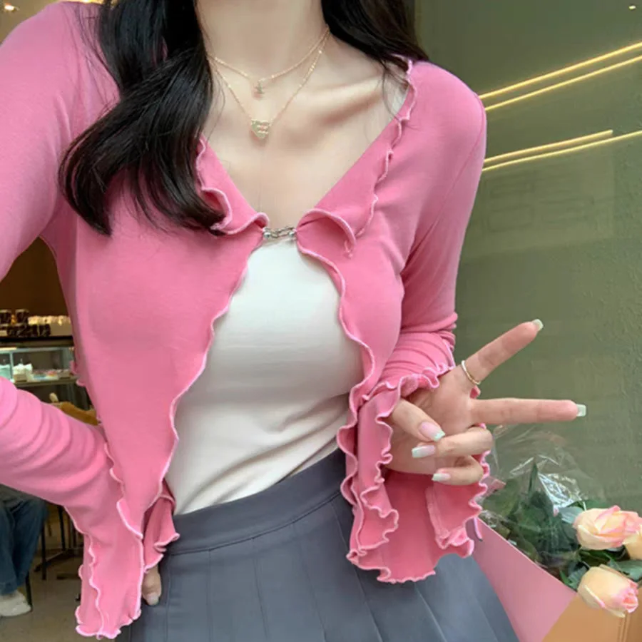 Jackets Women Ruffles Slim New Flare Sleeve Sexy Elegant Ladies Spring Cropped Gentle Designed V-neck Y2k Sweet All-match Coats